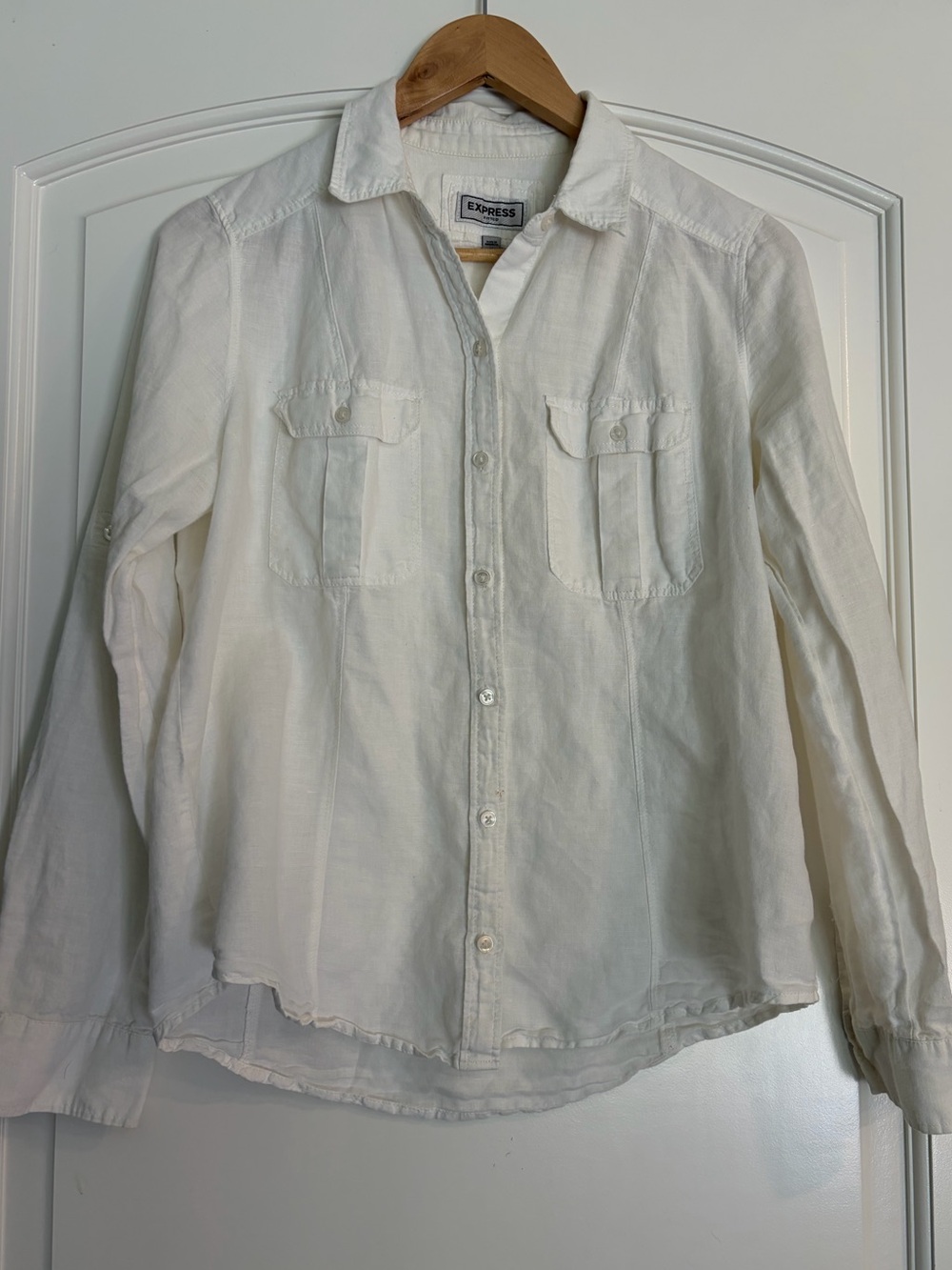 Express White Long-Sleeve Casual Button-Down Cotton Linen Blend Shirt M
